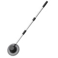 Electric Rotating Wash Mop with fully extended telescopic stainless steel handle and round grey microfibre cleaning head on a white background