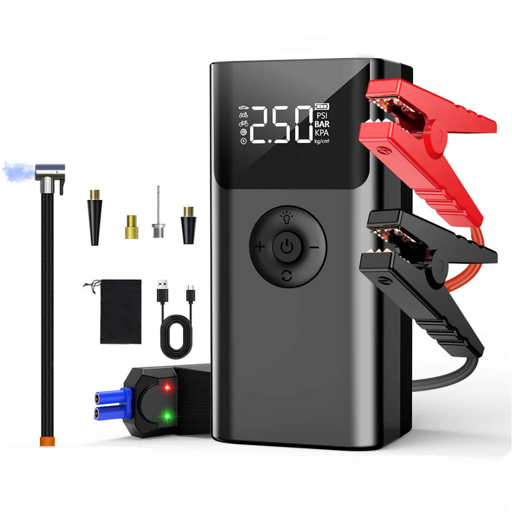 Heavy-Duty Diesel Jump Starter with jumper cable clamps, inflation hose, gas nozzles, USB cable and storage bag laid out on a white background