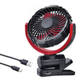 Cordless Clamp Cooling Fan red and black variant product shot with USB-C charging cable and folding clamp base on a white background