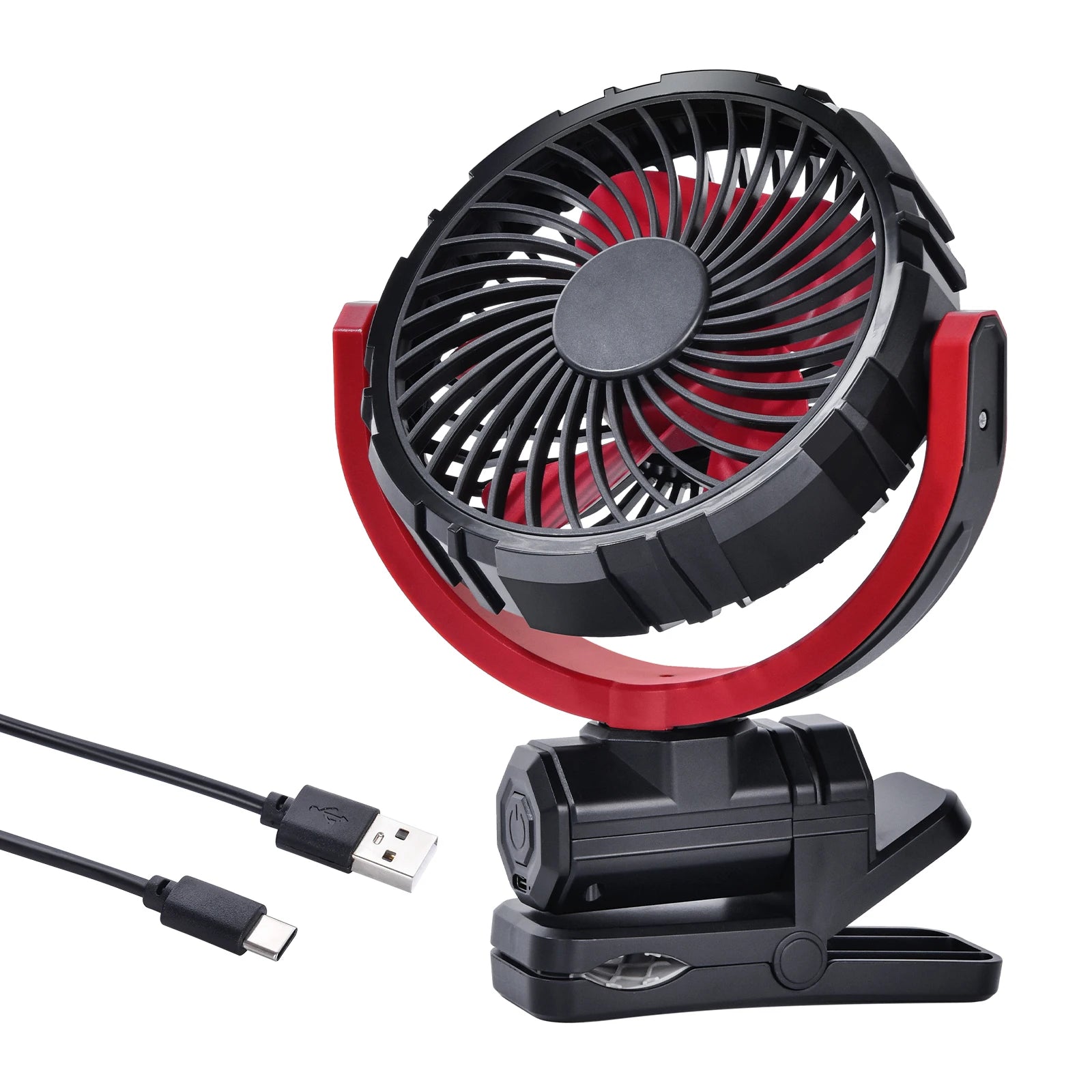 Cordless Clamp Cooling Fan red and black variant product shot with USB-C charging cable and folding clamp base on a white background