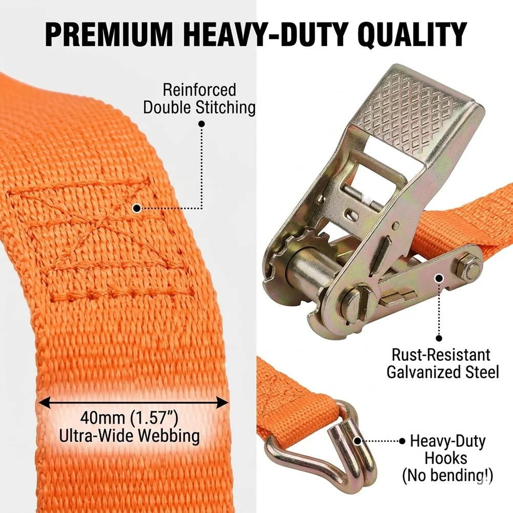Close-up of orange 40 mm ratchet strap webbing with reinforced double stitching, galvanised steel ratchet and J hook