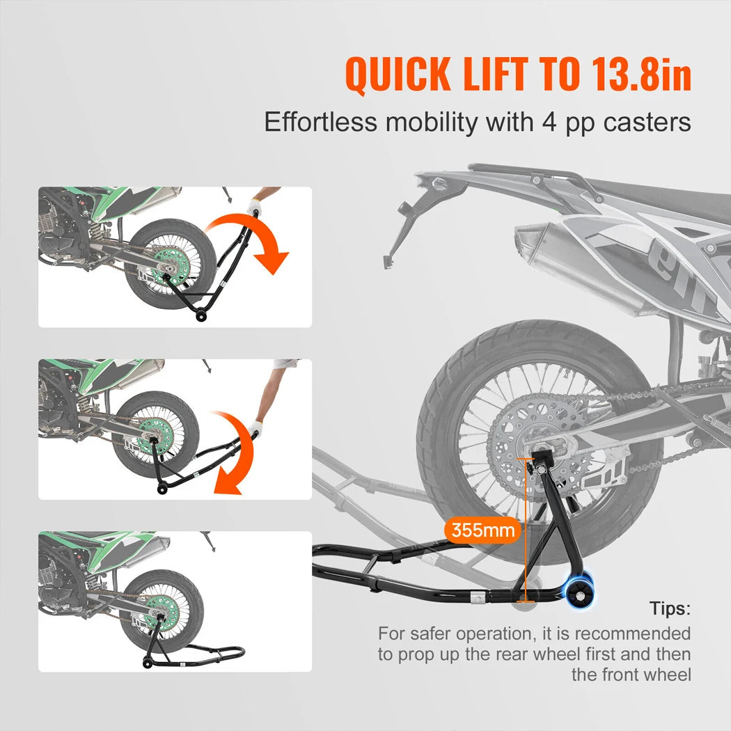 Infographic showing the Heavy-Duty Paddock Stand quick-lifting a dirt bike to 13.8 inches using four PP casters