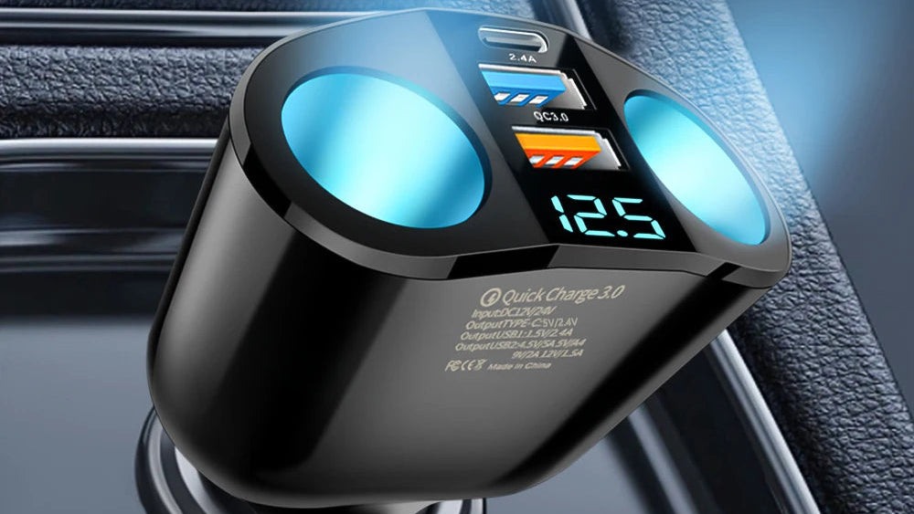 Car charger with digital display and reinforcement on a car dashboard.