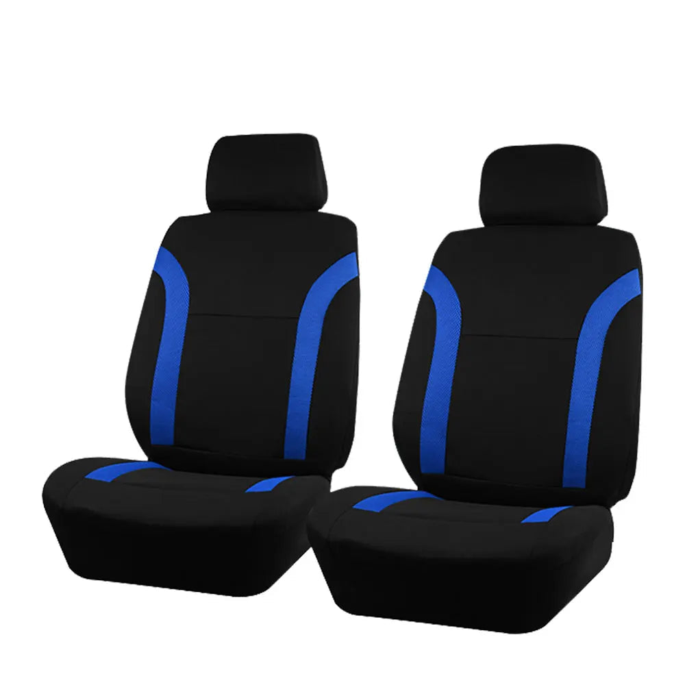 Black and blue trim Breathable Mesh Seat Cover front pair only shown on white background with matching headrest covers