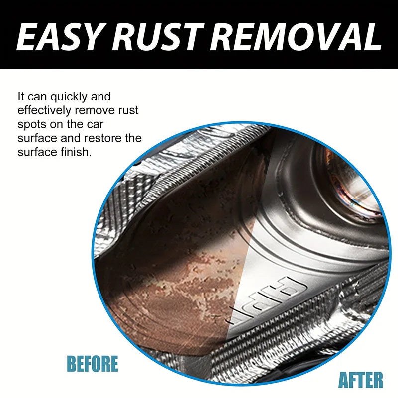 Circular before and after close-up showing Wheel Hub Rust Remover paste removing rust spots from a car wheel edge