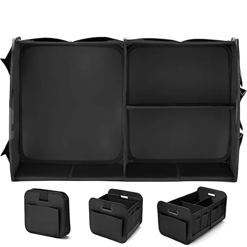 Very Large Capacity banner over the fully open foldable boot organiser with collapsed, half-open and open size comparisons