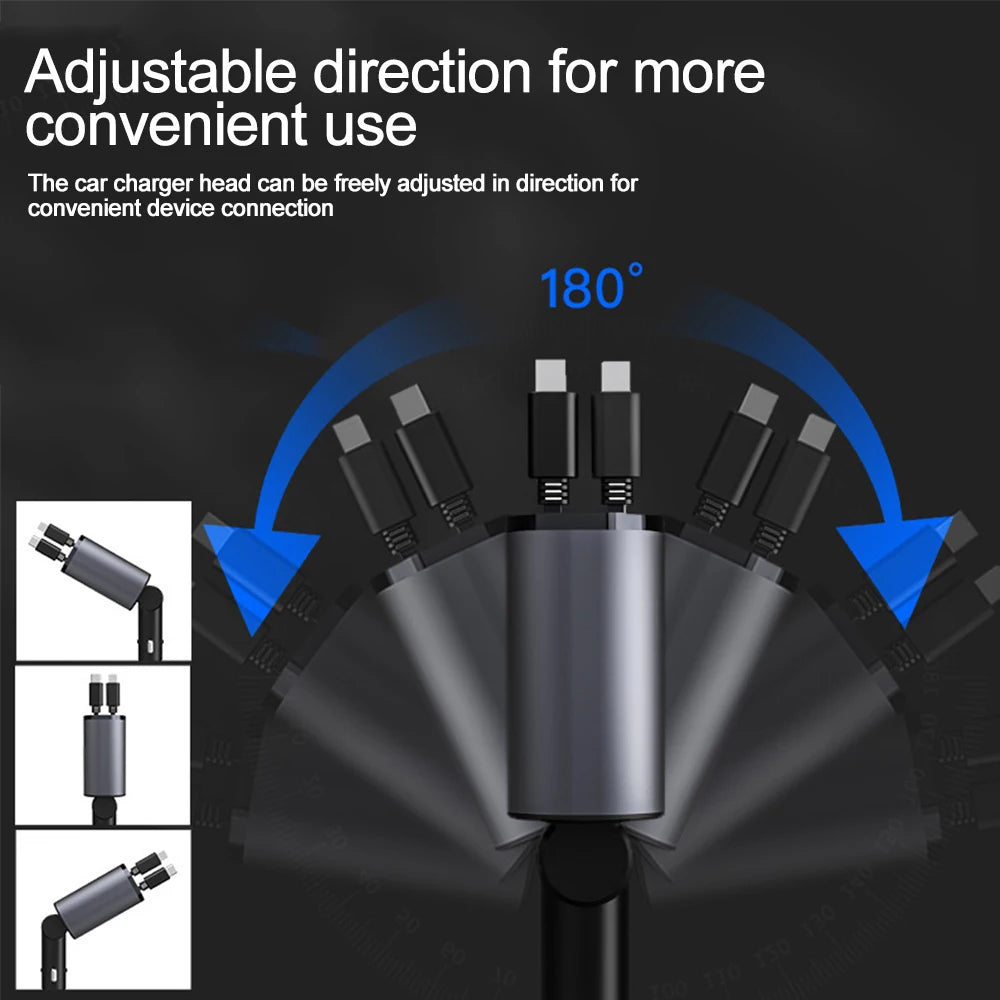 4-in-1 Retractable Car Charger head rotating 180 degrees to demonstrate adjustable connector direction for easy use.