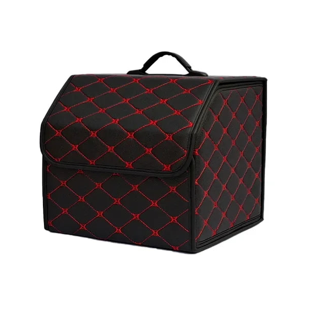 Heavy-Duty Leather Car Boot Organiser in black with red diamond stitching, alternate angle on a white background