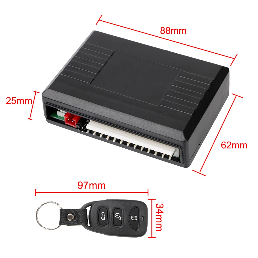 Auto Remote Locking Kit control box and remote fob shown with dimensions in millimetres