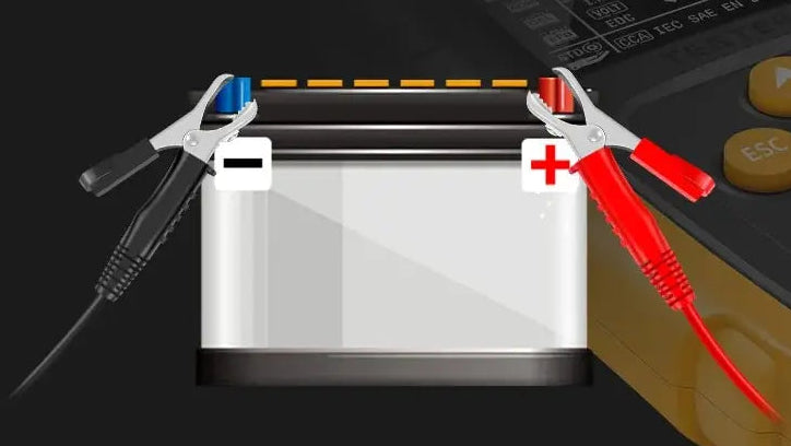 A promotional graphic for a battery testing device showing a battery with red and black test leads connected, a large 10-second timer icon, and text describing instant detection and battery status display.