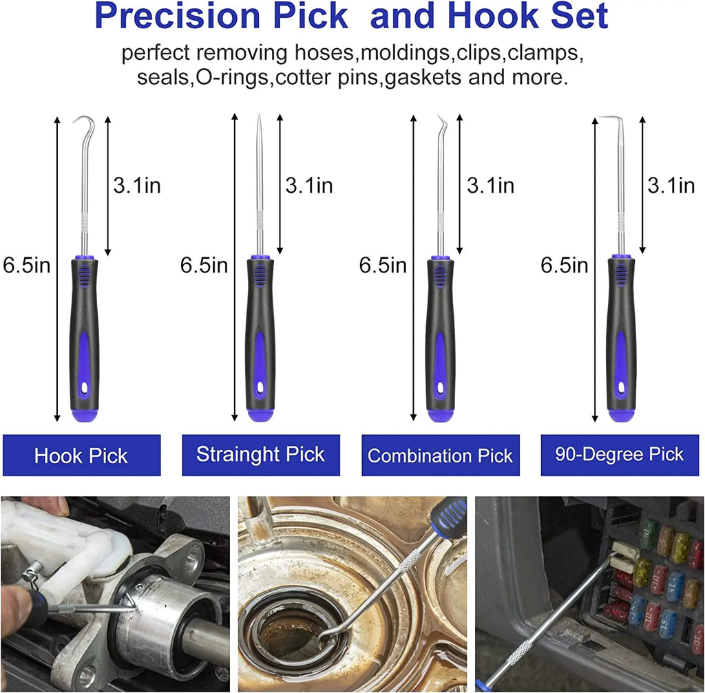 Precision pick and hook tool set from the kit, with handle lengths labelled, shown above photos of the picks being used on a hose clamp, drain plug and fuse box.