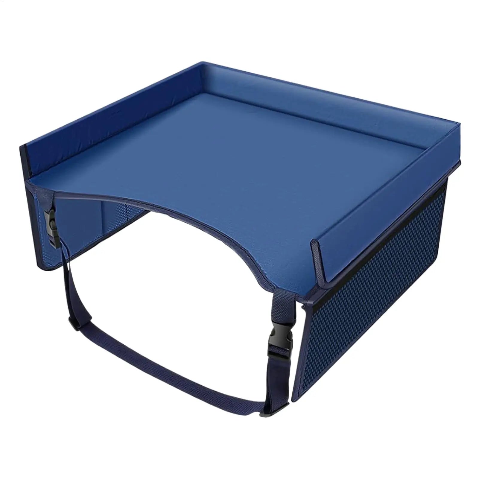 Navy blue kids car seat travel tray with foldable side mesh pockets and adjustable safety strap