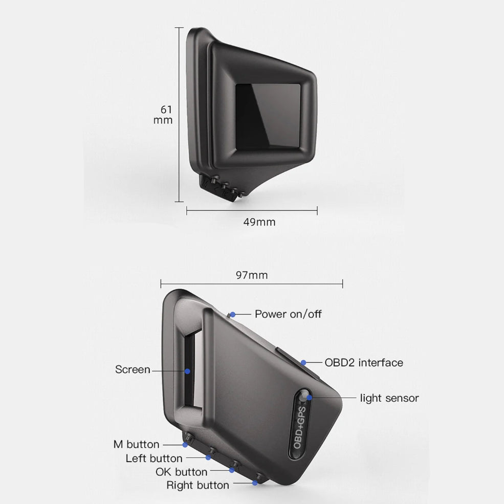 A-Pillar OBD2 GPS Gauge dimensions diagram showing 97 mm by 61 mm by 49 mm with power button, OBD2 port and light sensor
