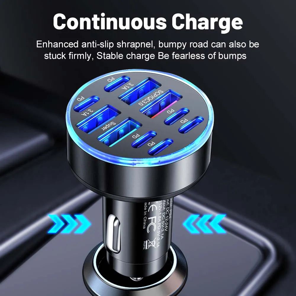 10-Port Fast Car Charger comparison graphic showing QC3.0 fast charging versus a regular car charger