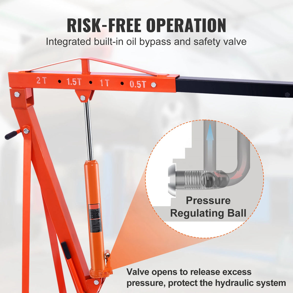 Hydraulic Long Ram Jack on an engine crane with close-up of the pressure regulating ball safety valve