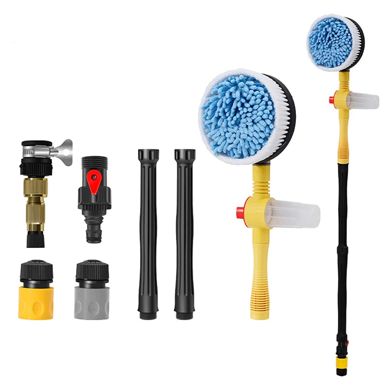 Rotating foam car wash mop kit with blue chenille brush head, handle and hose connectors on a white background