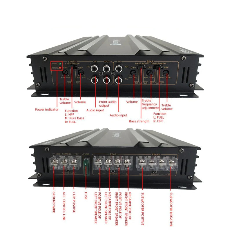 Wiring diagram of the 4-Channel Car Amplifier labelling the front and rear input and output terminals, crossover controls and power connections