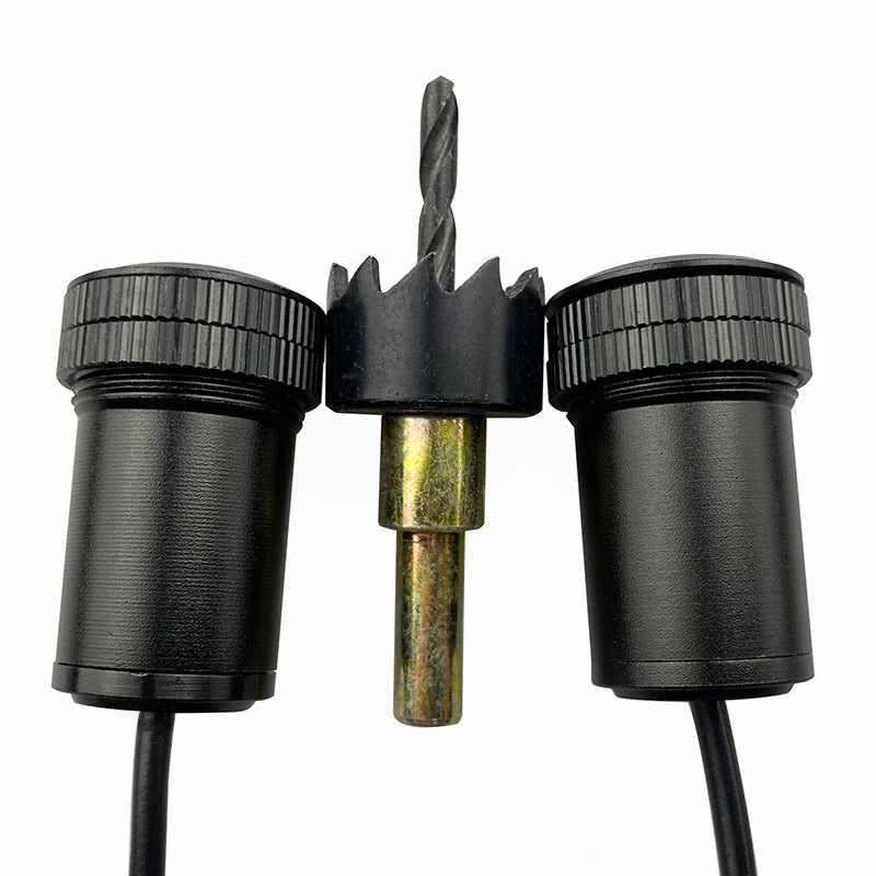LED Door Welcome Lights installation kit with mounting drill bit and two projector units on white background