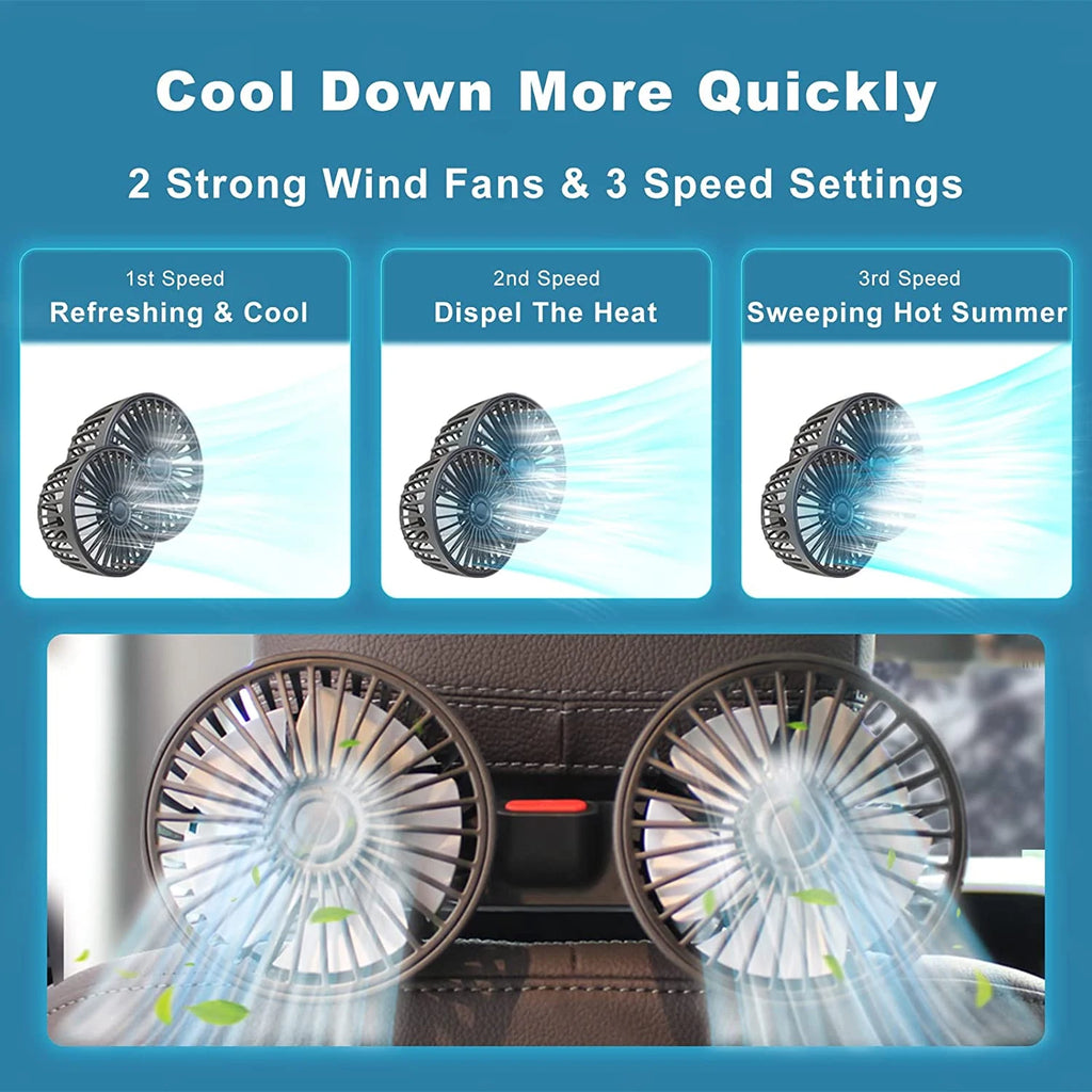 Dual-Head Headrest Cooling Fan comparison of 3 speed settings, 1st speed refreshing and cool, 2nd speed dispel the heat, 3rd speed sweeping hot summer