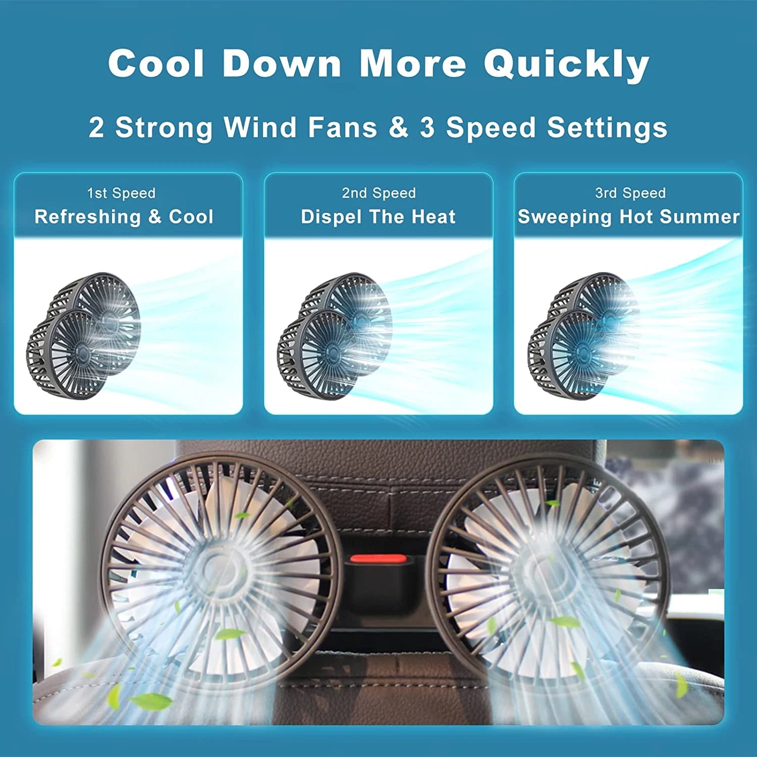 Dual-Head Headrest Cooling Fan comparison of 3 speed settings, 1st speed refreshing and cool, 2nd speed dispel the heat, 3rd speed sweeping hot summer