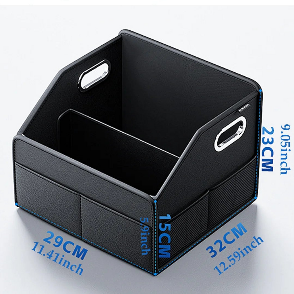 Foldable leather car boot organiser storage box dimension diagram showing 32 x 23 x 15cm size