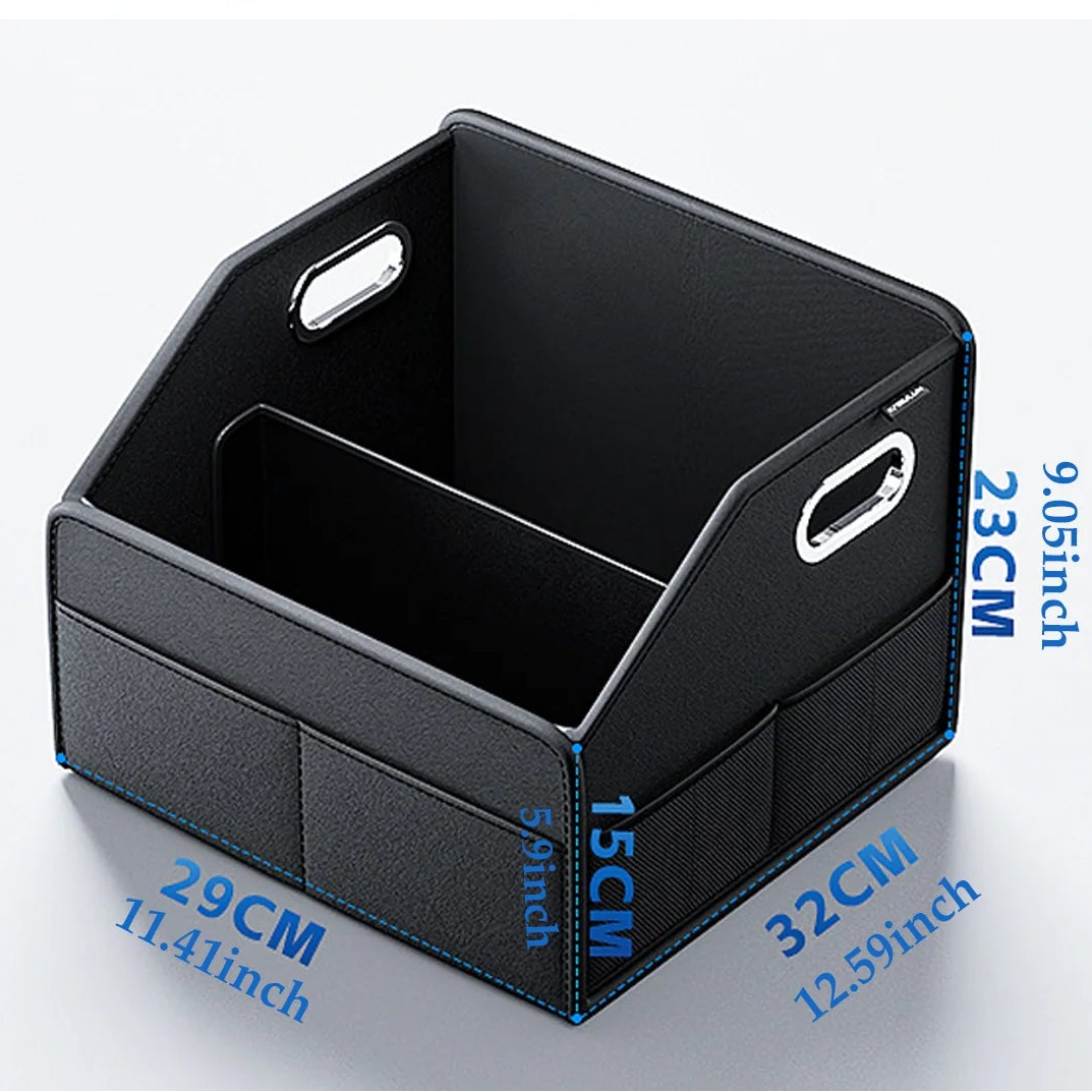 Foldable leather car boot organiser storage box dimension diagram showing 32 x 23 x 15cm size