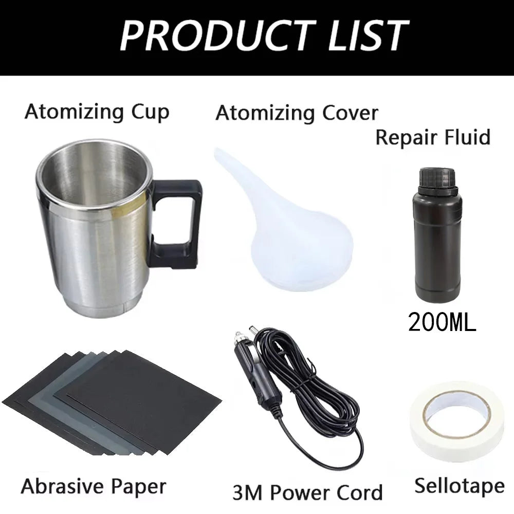 Headlight restoration kit product list showing atomizing cup, repair fluid 200ml, abrasive paper and power cord