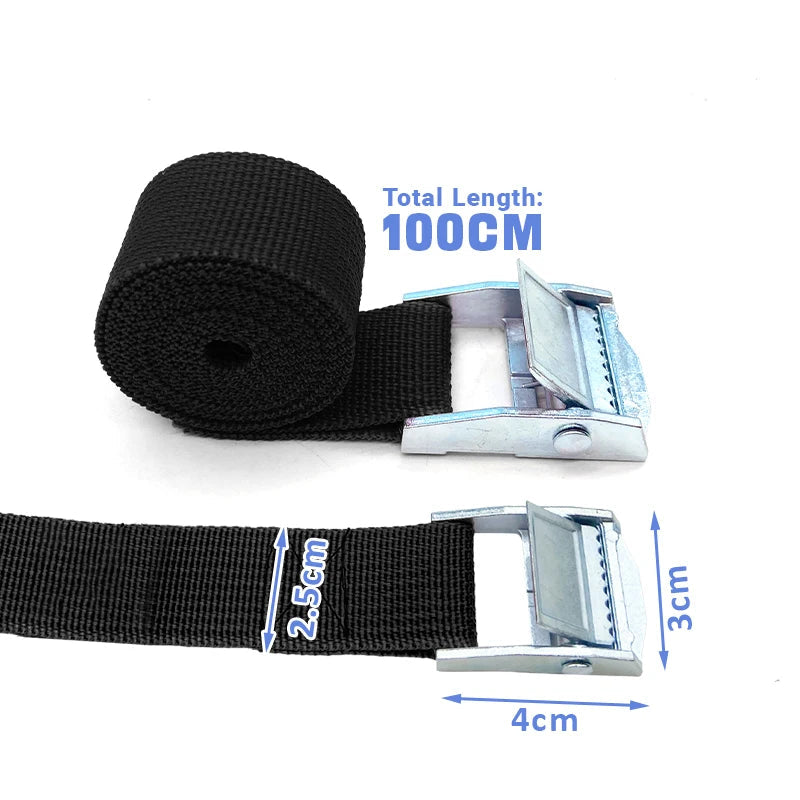 Cam buckle cargo strap dimensions showing 100 cm total length, 2.5 cm webbing width and 4 cm x 3 cm buckle