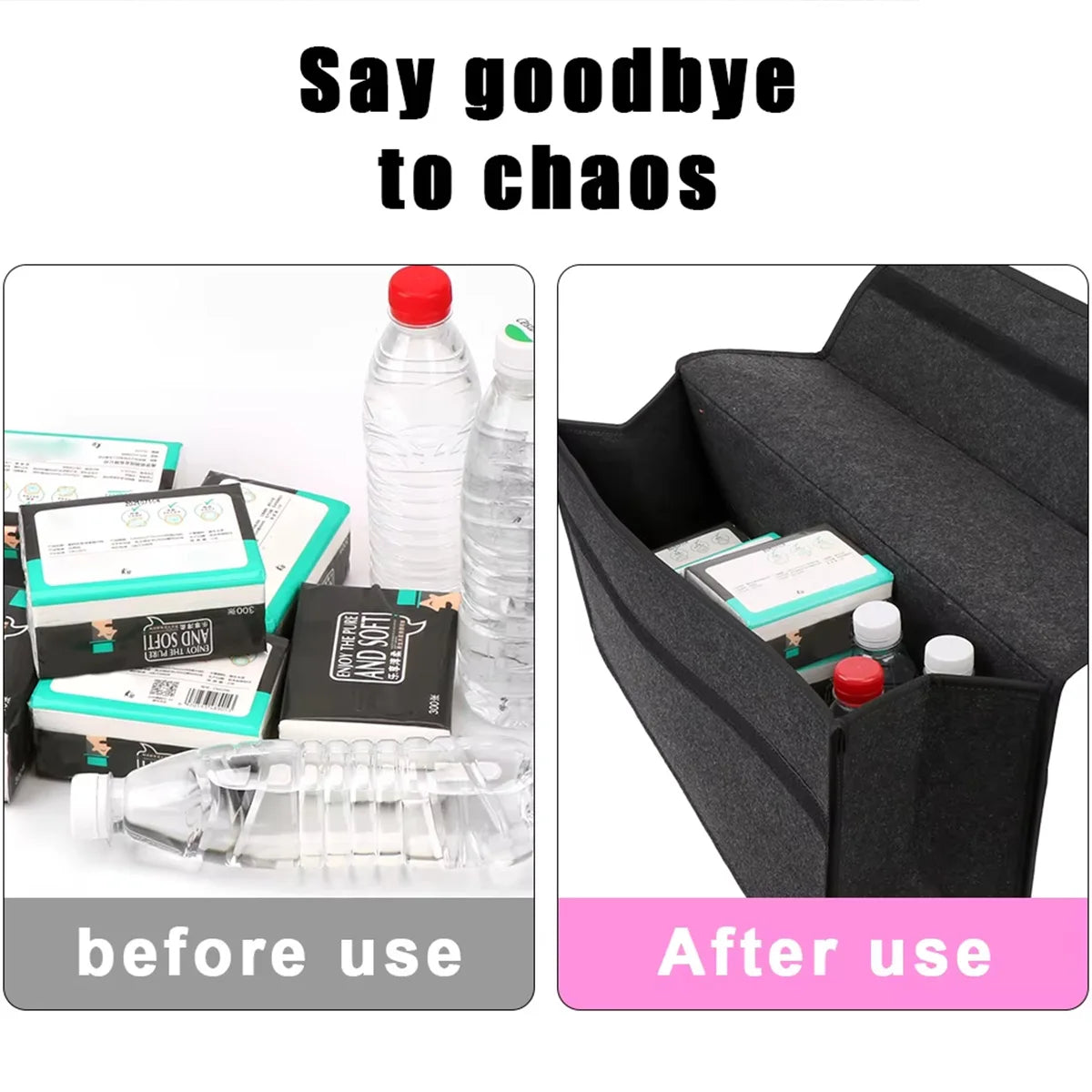 Before and after comparison showing loose tissue packs and water bottles scattered in a car boot, then neatly organised inside the dark grey felt storage box.