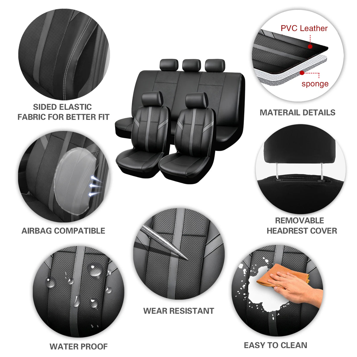 Faux Leather Seat Cover Set features: PVC leather with sponge layer, airbag compatible, waterproof, wear resistant, easy to clean