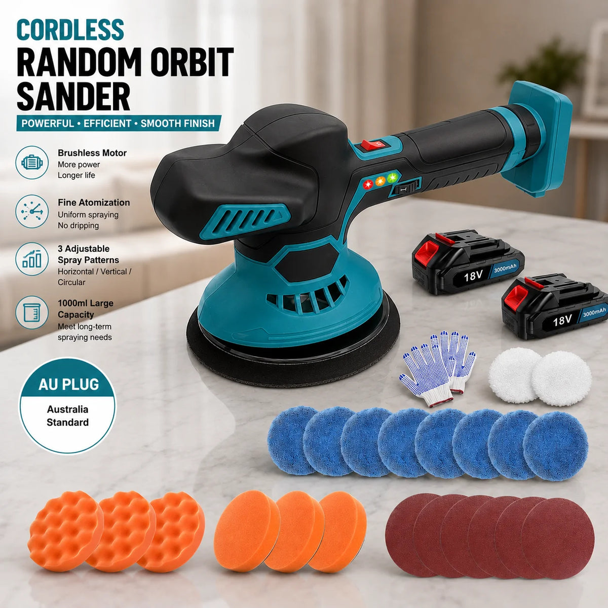 Cordless Orbital Car Polisher kit with two 18V batteries, gloves, foam polishing pads and sanding discs on a bench