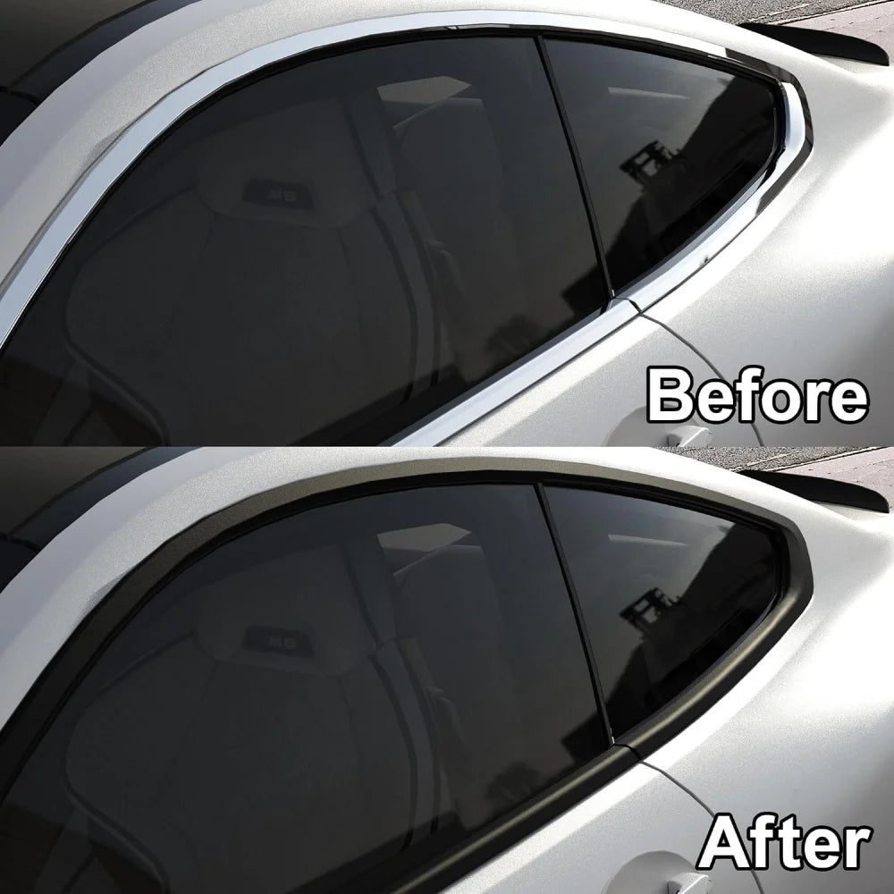Before and after comparison of a car window trim, chrome replaced with Matte Black Trim Wrap vinyl