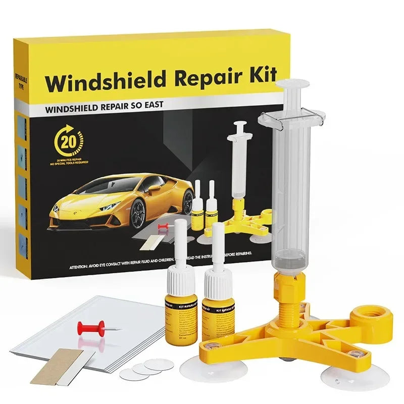 Windscreen Repair Kit box set with resin syringe, tools and bottles displayed on a white background