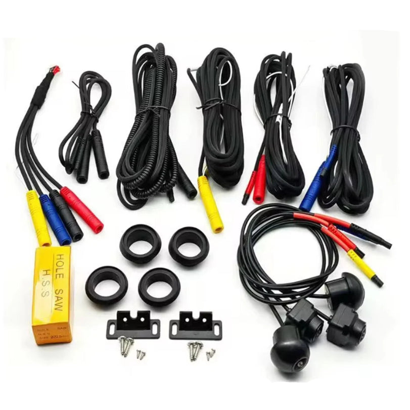 360 Degree Panoramic Car Camera full installation kit with four cameras, cables, grommets and mounting hardware on white background