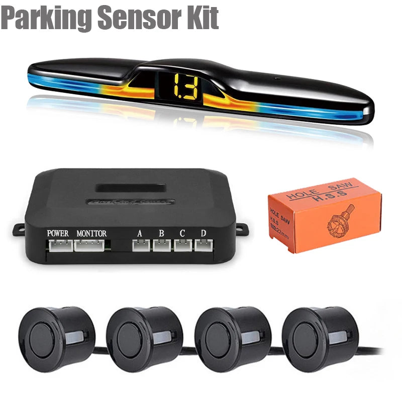 LED Parking Sensor Kit display bar with digital readout, control box and four black parking sensors labelled Parking Sensor Kit