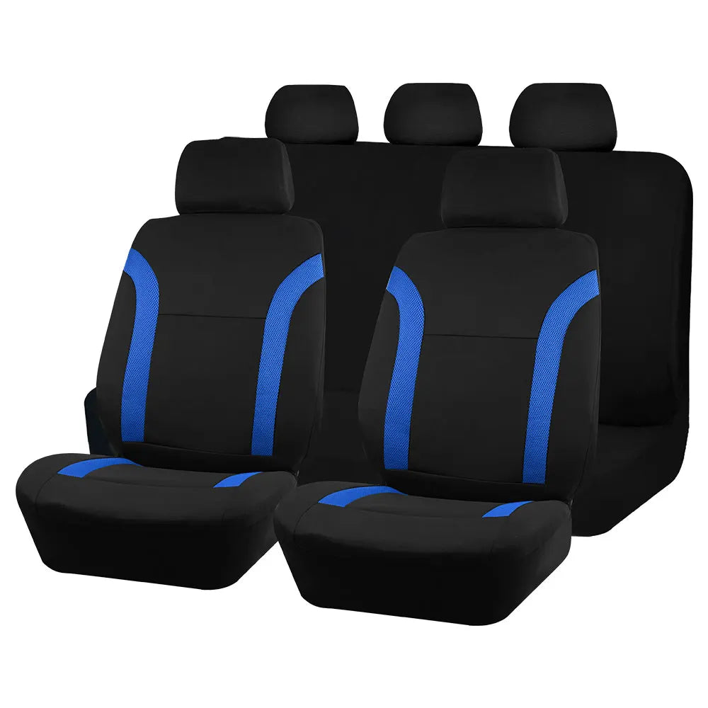 Black and blue trim Breathable Mesh Seat Cover shown as complete front and rear bench seat cover set on white background