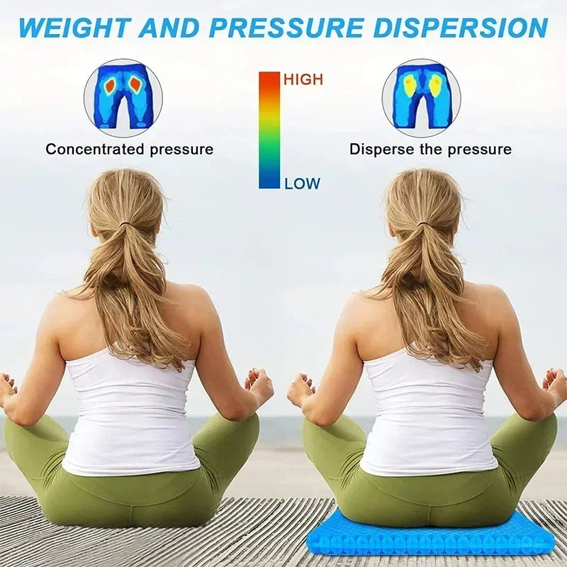 Diagram comparing concentrated versus dispersed pressure on the Gel Seat Cushion using two seated figures