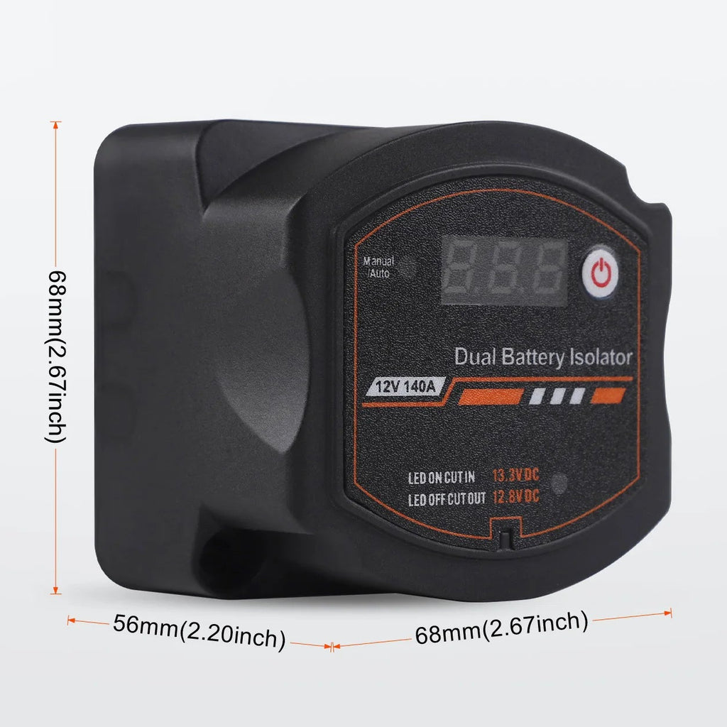 Digital VSR Battery Isolator dimensions 68mm high, 68mm wide and 56mm deep
