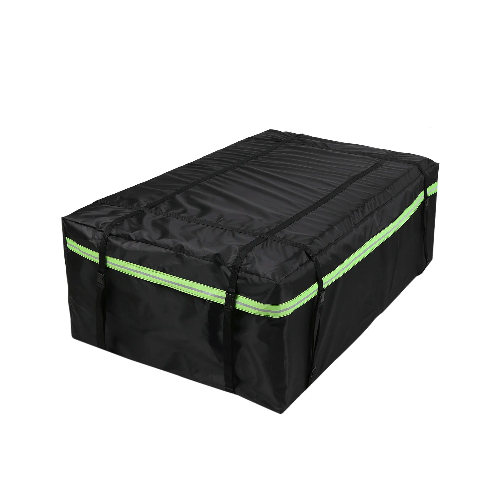 Black waterproof roof cargo bag with reflective green stripe shown from an angled view on a white background
