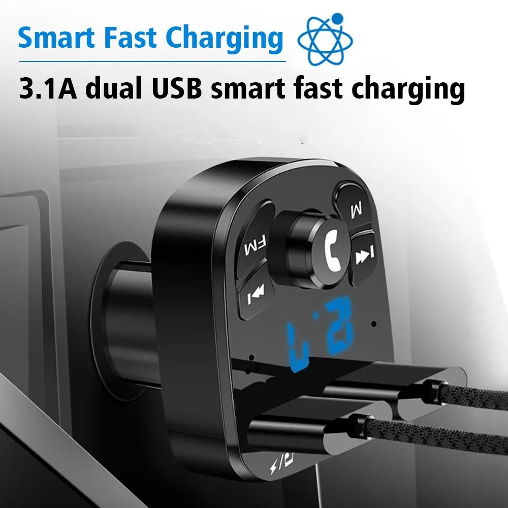 Voltmeter Bluetooth FM Transmitter charging two phones with braided cables via 3.1A dual USB fast charging ports