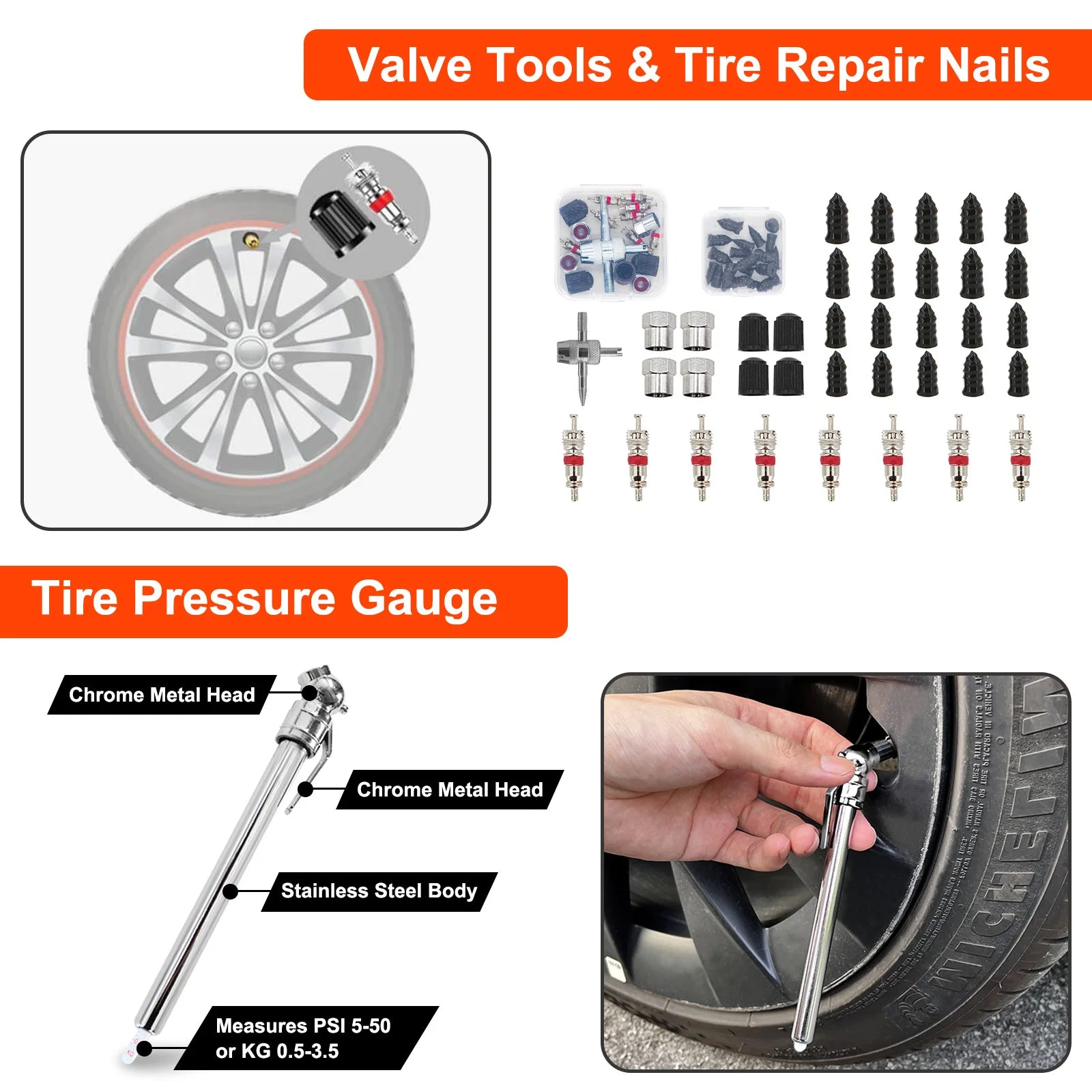 Valve tools, tyre repair nails and tyre pressure gauge included in the Deluxe Tyre Repair Kit