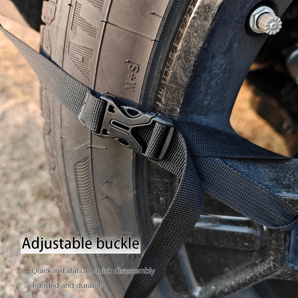 Adjustable quick-release buckle strap of the Overland Tailgate Tent securing to a vehicle's wheel for quick installation