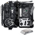 Vehicle Survival Tool Kit in a black hard case with LED torch, tactical pen, paracord bracelet, compass, whistle, multi-tool card, wire saw, spork and emergency blanket