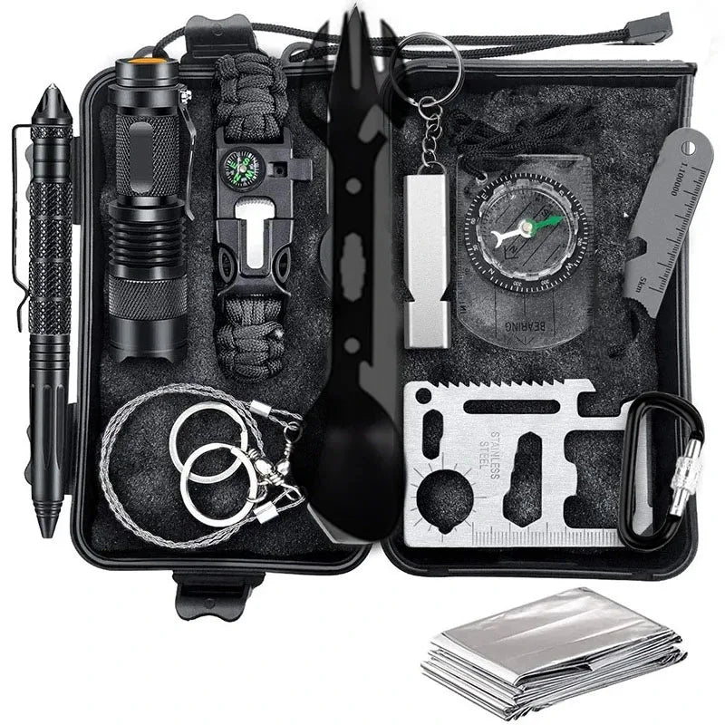 Vehicle Survival Tool Kit in a black hard case with LED torch, tactical pen, paracord bracelet, compass, whistle, multi-tool card, wire saw, spork and emergency blanket