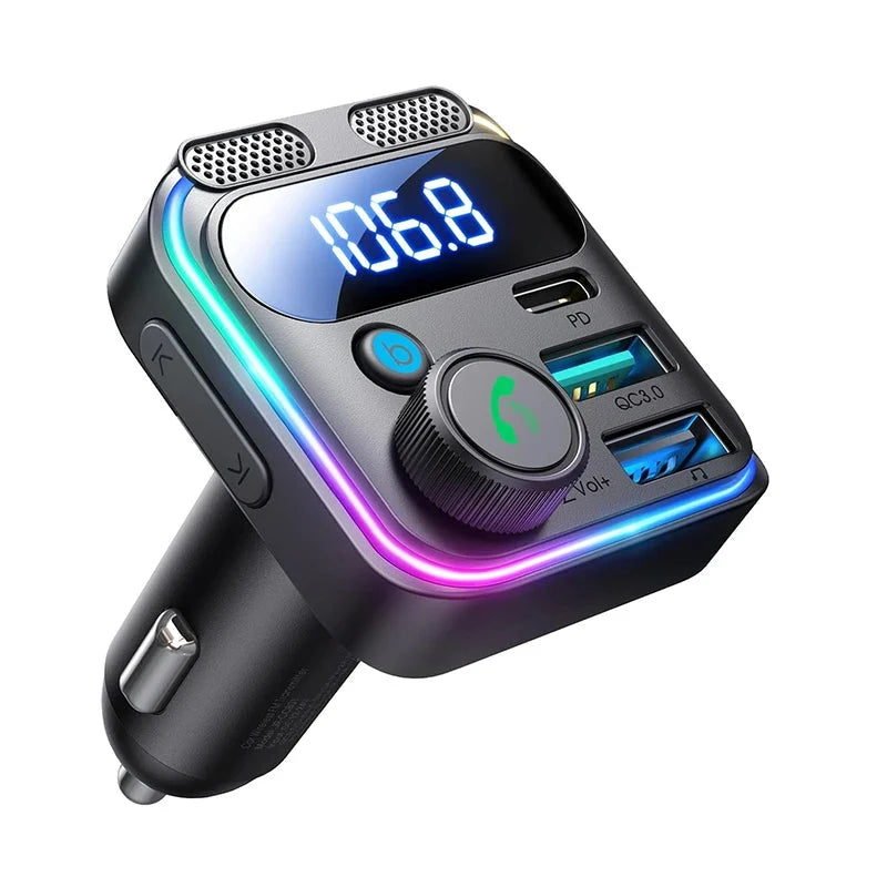 Dual-Mic Bluetooth 6.0 FM Transmitter with LED frequency display, RGB light ring, twin microphone grilles, USB-C PD port and two USB-A ports on a white background