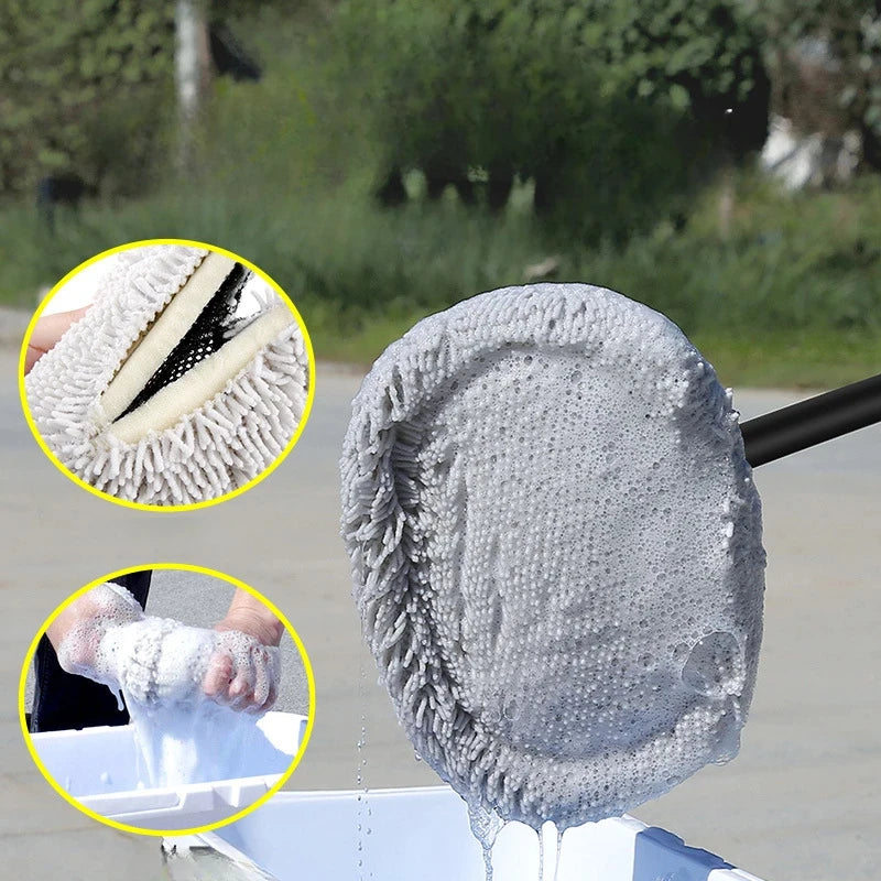 Close-up of the Heavy-Duty Telescopic Car Wash Mop chenille microfibre brush head covered in soap suds while cleaning a car