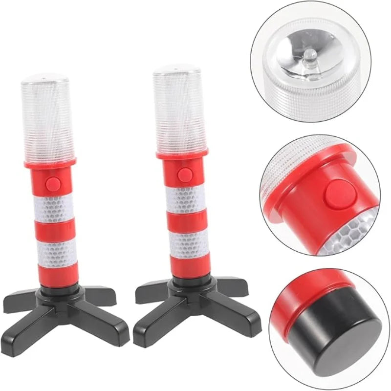 Two Magnetic LED Warning Beacons with macro insets of the top cap, magnetic base and control button