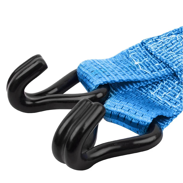 Close-up of the wheel lifter black steel hooks and reinforced blue webbing stitching