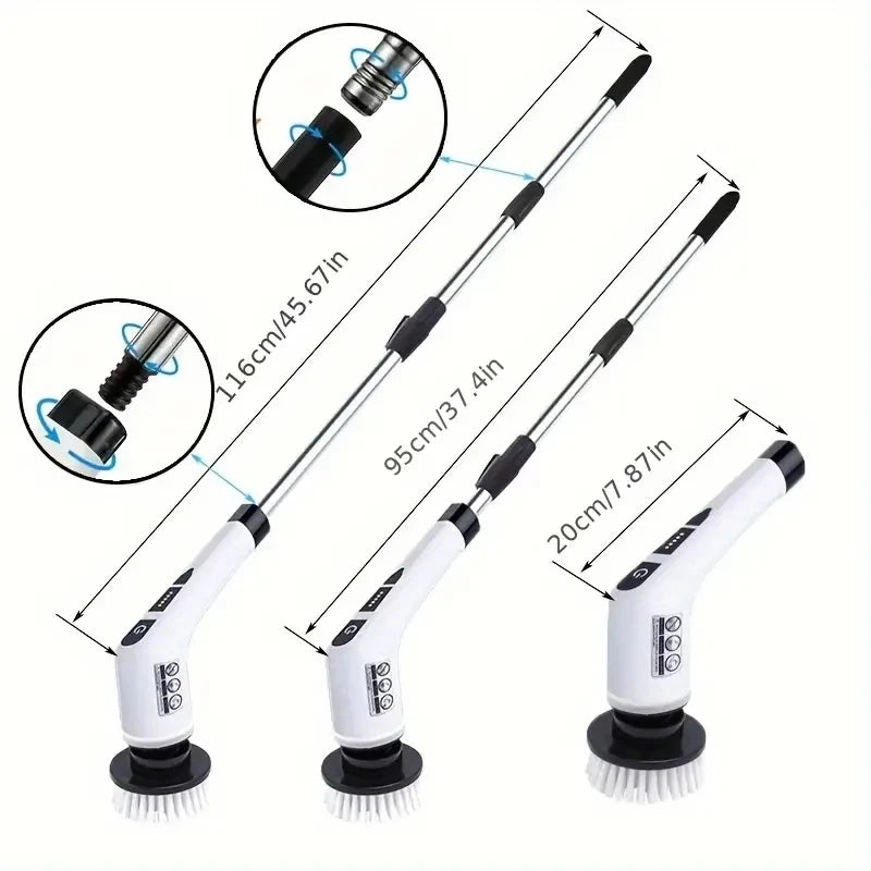 Cordless Power Spin Scrubber adjustable lengths of 116 cm, 95 cm and 20 cm handheld with twist-lock extension poles