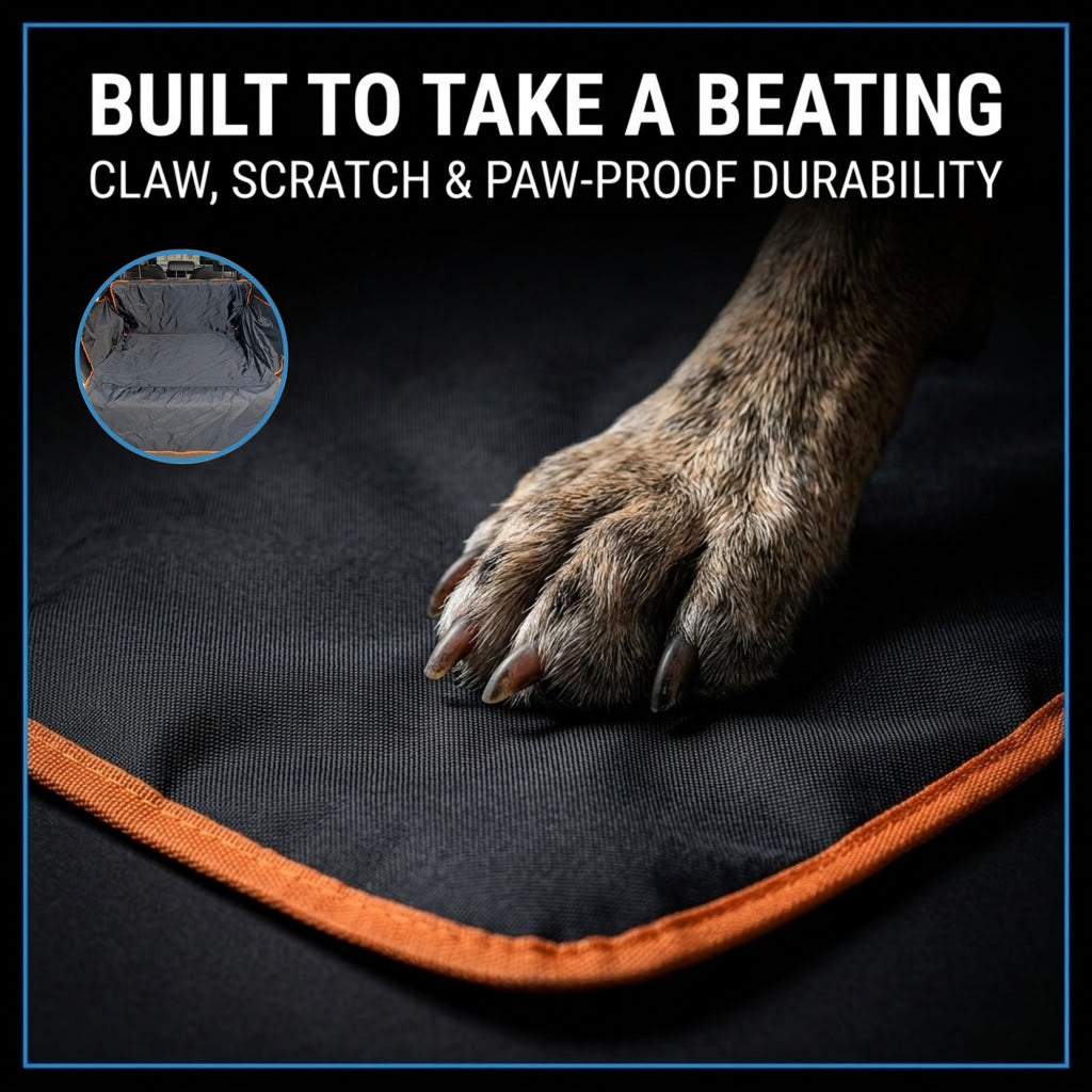 A close-up of a dog's paw resting on a black paw-proof blanket with orange trim, with text reading 'BUILT TO TAKE A BEATING CLAW, SCRATCH & PAW-PROOF DURABILITY' and a circular inset showing the blanket's interior.